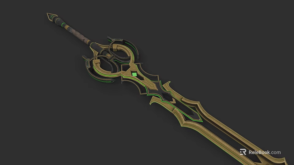 Elaborate Fantasy Weapon With Golden Hilt And Green Accent Details 3d model 