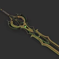 Elaborate Fantasy Weapon With Golden Hilt And Green Accent Details