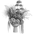Elegant Decorative Ornament Arrangement With Lush Green Foliage White Flowers And Spherical Plants