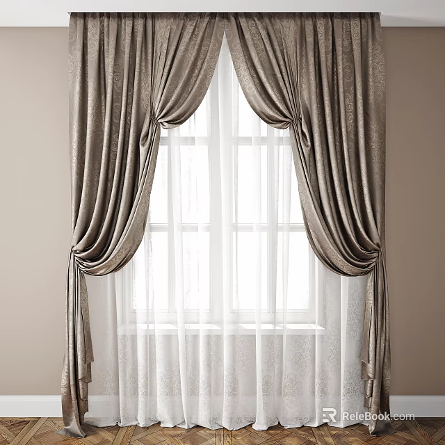 Elegant Draped Curtains With Sheer White Liner And Beige Fabric For Window 3d model 