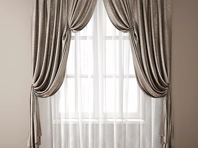 Elegant Draped Curtains With Sheer White Liner And Beige Fabric For Window 3d model