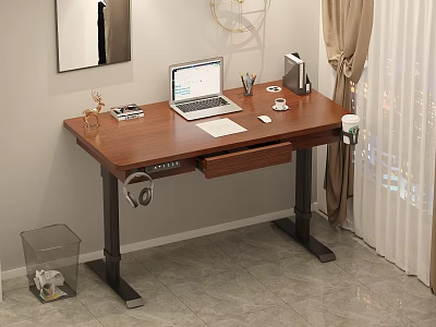 Wooden Desk With Laptop Desk Lamp Pen Mug And Headphones For Home Workspace 3d model