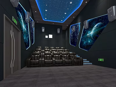 Luxury Cinema With Starry Ceiling Blue Lighting Starry Murals On Walls And Leather Seats 3d model