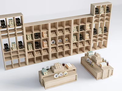 Wooden Multi Tiered Display Shelves With Grid Design Organizing Various Retail Items 3d model