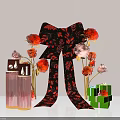 Black Red Floral Bow With Red Pink Flowers Gold Stems Pink Candles Green Gift Box