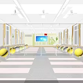 Bright Fitness Dance Studio With Yoga Mats Fitness Balls Large Screen Lockers And Wall Silhouettes