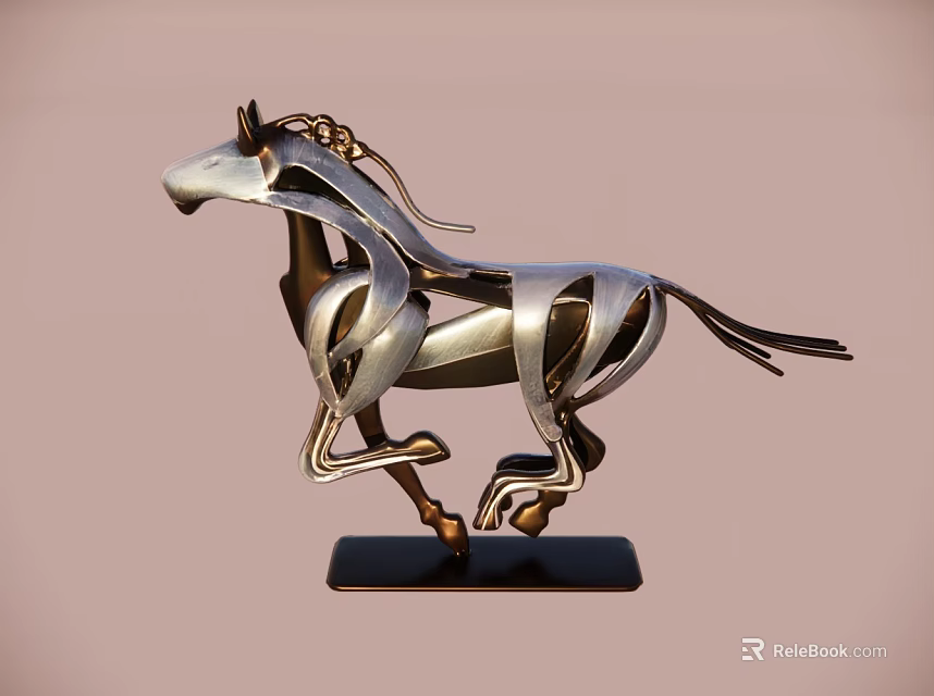 Modern Metal Horse Sculpture In Running Pose With Black Base Decorative Figurine 3d model 