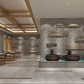 Modern Chinese SPA Sauna Interior With Wooden Beams Indoor Pool And Green Plant Wall