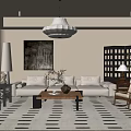 Living Room Interior With Beige Sofa Wooden Floor Black White Striped Rug And Pendant Light