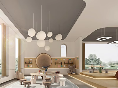 Modern Entertainment Room Interior With Pendant Lights Game Table And Comfortable Seating 3d model