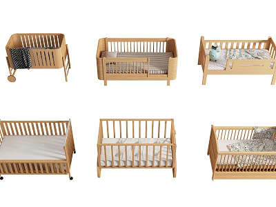 Various Wooden Baby Cribs With Different Designs Mattresses And Bedding Features 3d model