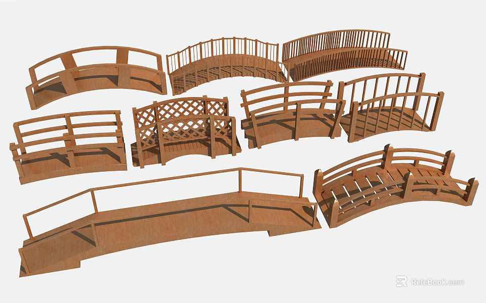 Different Wooden Landscape Bridges With Various Railing Styles And Arched Structures 3d model