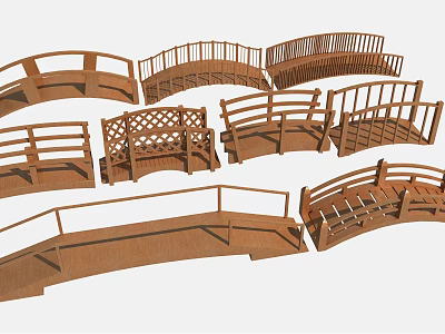 Different Wooden Landscape Bridges With Various Railing Styles And Arched Structures 3d model