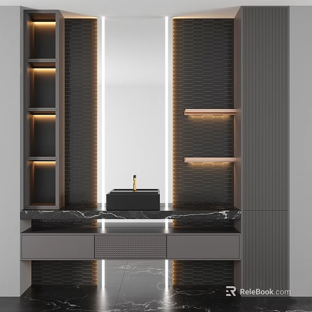 Modern Bathroom Vanity With Marble Countertop LED Strip Lighting And Mirror 3d model 