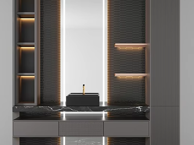Modern Bathroom Vanity With Marble Countertop LED Strip Lighting And Mirror 3d model