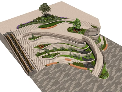 Modern Landscape Design With Curved Paths Stairs Greenery And Multi Level Platforms 3d model