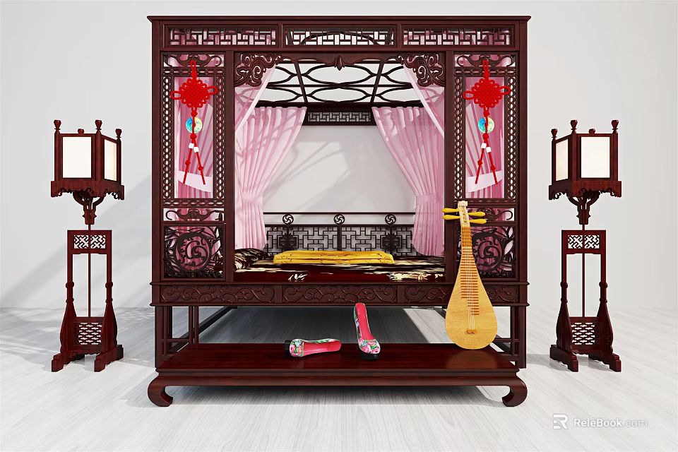 Traditional Chinese Double Bed with Carved Frame Pink Canopy and Pipa Lanterns 3d model 