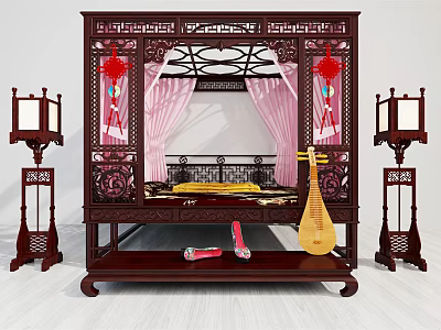 Traditional Chinese Double Bed with Carved Frame Pink Canopy and Pipa Lanterns 3d model