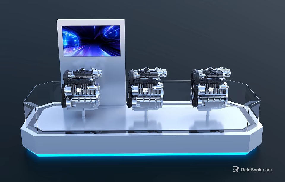 Three Modern Engines Displayed on Glass Showcase With Digital Screen and Blue Lighting 3d model 