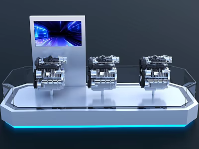 Three Modern Engines Displayed on Glass Showcase With Digital Screen and Blue Lighting 3d model