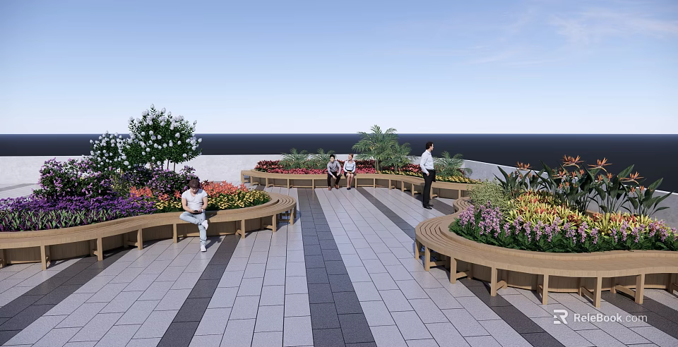 Wooden Outdoor Chairs Around Flower Beds On Rooftop Terrace With Green Plants And People Relaxing 3d model 
