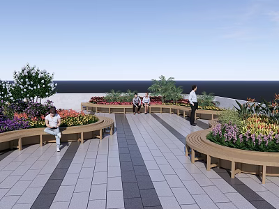 Wooden Outdoor Chairs Around Flower Beds On Rooftop Terrace With Green Plants And People Relaxing 3d model