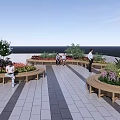 Wooden Outdoor Chairs Around Flower Beds On Rooftop Terrace With Green Plants And People Relaxing
