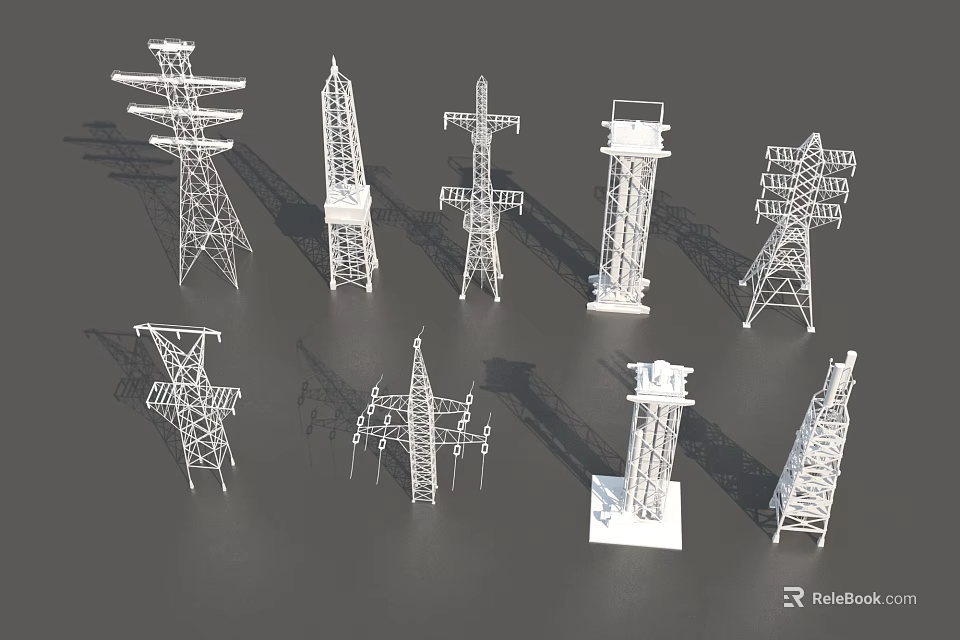 Various Electricity Pylon Models With Different Structural Designs On Dark Background 3d model 