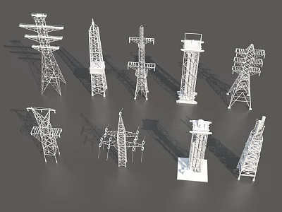 Various Electricity Pylon Models With Different Structural Designs On Dark Background 3d model