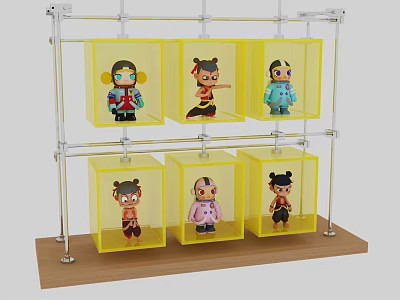 Acrylic Action Figure Display Cabinet with Yellow Cases and Two Layers 3d model