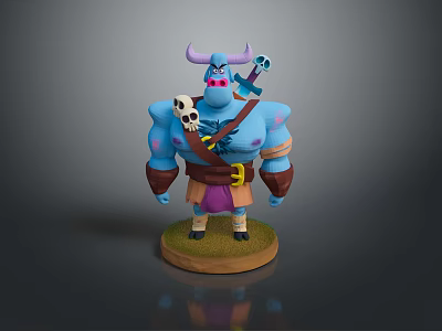Cartoon Style Blue Horned Character 3D Model with Sword Skull Decoration Purple Shorts Base Stand 3d model