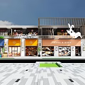 Modern Commercial Street With Colorful Storefronts Awnings Outdoor Seating And Paved Plaza