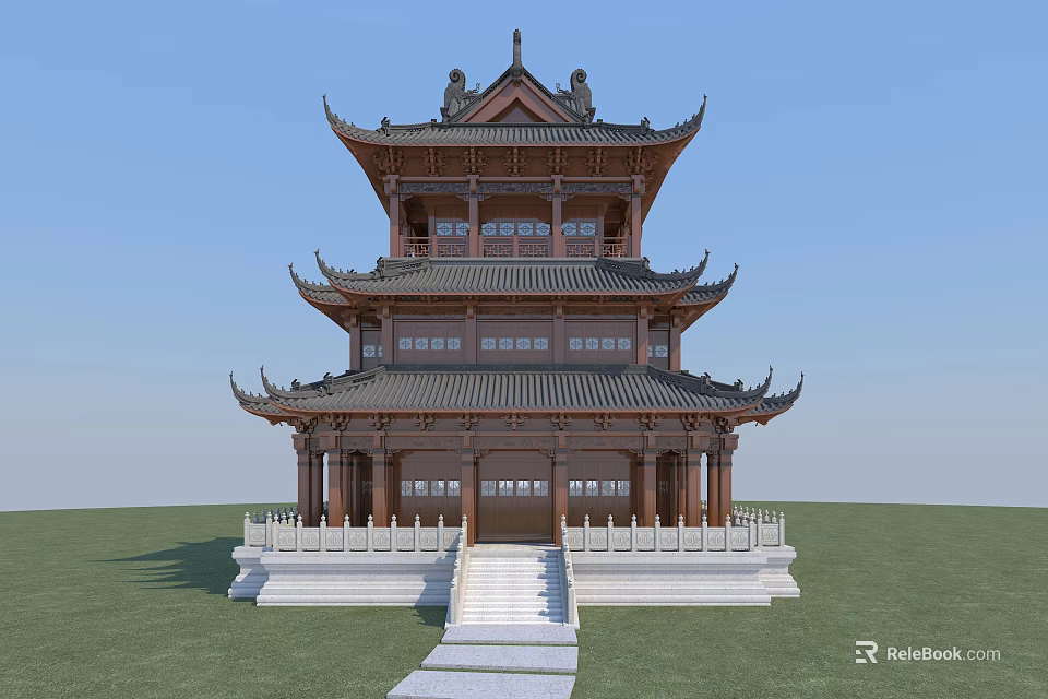 Ancient Chinese Three Story Architecture With Curved Eaves Brown Structure And Stone Steps 3d model 