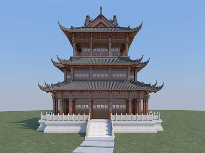 Ancient Chinese Three Story Architecture With Curved Eaves Brown Structure And Stone Steps 3d model