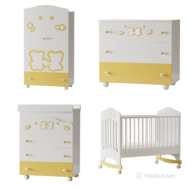Cute Children's White and Yellow Wardrobe with Cartoon Bear Patterns and Drawers for Kids Bedroom Decor 3d model 