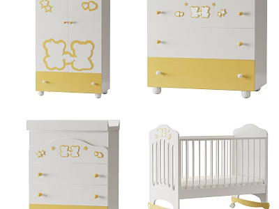 Cute Children's White and Yellow Wardrobe with Cartoon Bear Patterns and Drawers for Kids Bedroom Decor 3d model