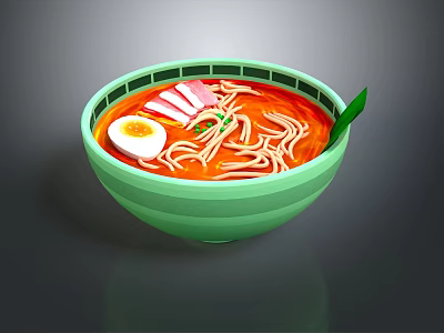 Green Bowl Of Ramen Noodles With Soft Boiled Egg Sliced Ham And Red Broth 3d model