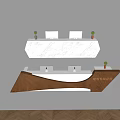 Modern Reception Desk Design With Marble Countertop Wooden Panels Computer Monitors And Small Plants