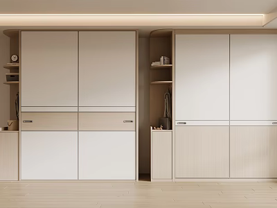 Modern Built-in Wardrobe With White and Wood Finish Multiple Drawers and Open Shelves 3d model
