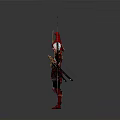 Warrior Figure in Red Armor with Flame Decorated Helmet Holding Long Sword with Red Blade