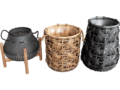 Three Woven Storage Baskets With Handles And Various Designs For Home Organization 3d model