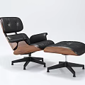 Modern Classic Lounge Chair with Black Leather Upholstery Wooden Armrests and Matching Ottoman