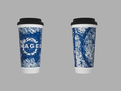 Two Blue And White Patterned Cups With STAGE Text And Black Lids 3d model