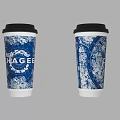 Two Blue And White Patterned Cups With STAGE Text And Black Lids 3d model