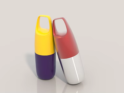 Two Colorful Handheld Water Bottles With Yellow Purple And Red Silver Design 3d model
