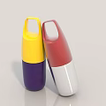 Two Colorful Handheld Water Bottles With Yellow Purple And Red Silver Design