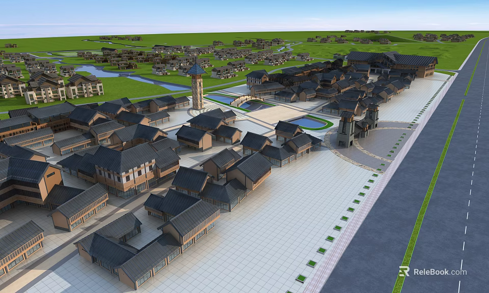 Aerial View Planning of Traditional Community With Plaza Green Spaces and Buildings 3d model 