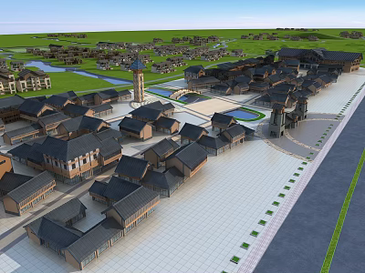 Aerial View Planning of Traditional Community With Plaza Green Spaces and Buildings 3d model