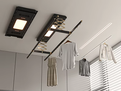 Modern Ceiling Mounted Spring Clothes Drying Rack With Clothes Cabinets And Blinds 3d model