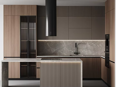 Modern Kitchen Interior with Wooden Cabinets Island and Marble Countertop Built-in Appliances 3d model
